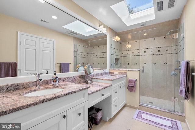 full bath featuring a skylight, visible vents, a stall shower, and vanity