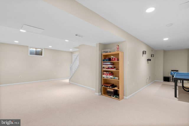 rec room featuring visible vents, recessed lighting, light colored carpet, and baseboards