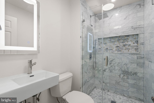 bathroom with a sink, a shower stall, and toilet