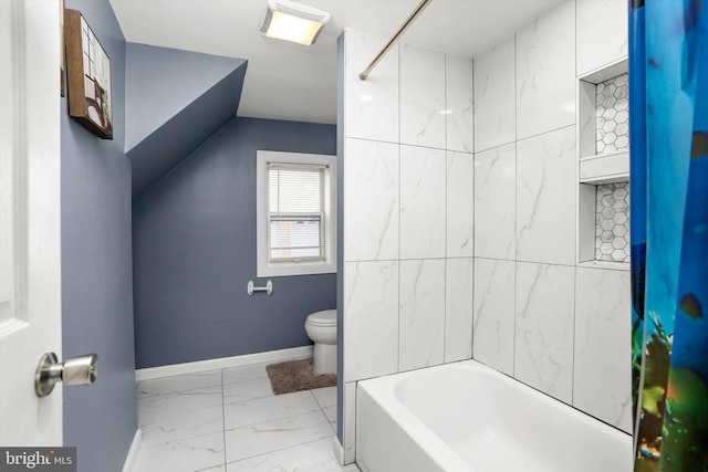 full bathroom with marble finish floor, lofted ceiling, toilet, washtub / shower combination, and baseboards