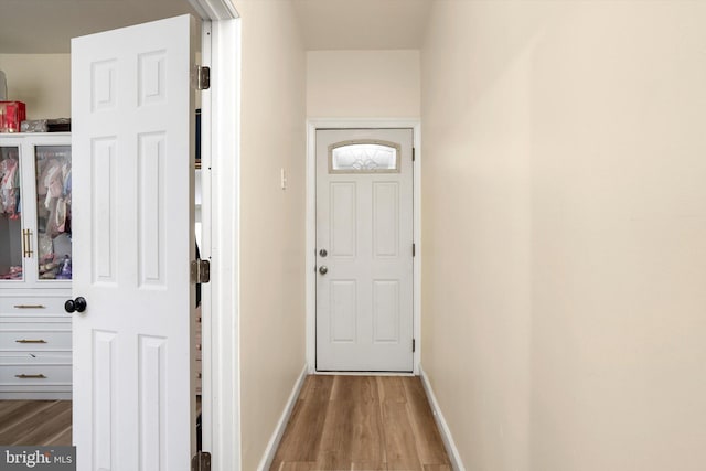 entryway with baseboards and wood finished floors