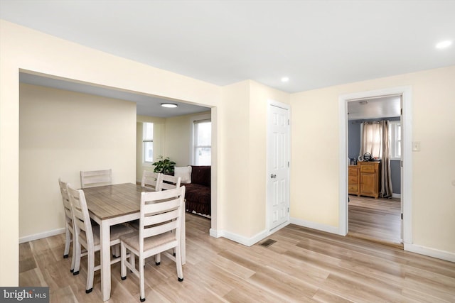 dining room featuring light wood-type flooring, visible vents, and baseboards