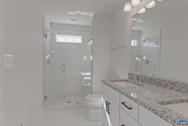 bathroom with visible vents, a shower stall, toilet, and vanity