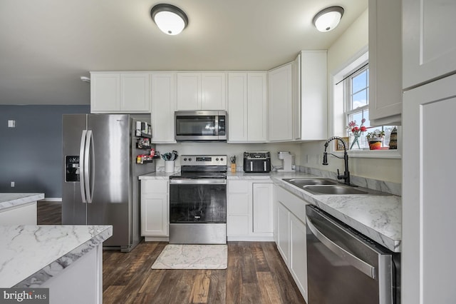 kitchen featuring appliances with stainless steel finishes, white cabinets, dark wood-type flooring, and a sink