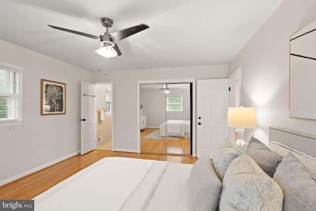 5924 Kimble Ct, Falls Church, VA 22041 - bedroom with light wood-type flooring, ensuite bathroom, baseboards, and a ceiling fan