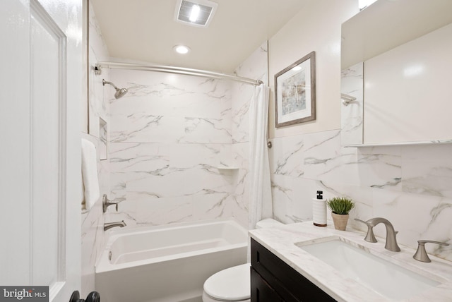 5924 Kimble Ct, Falls Church, VA 22041 - bathroom with visible vents, toilet, shower / tub combo with curtain, tile walls, and vanity