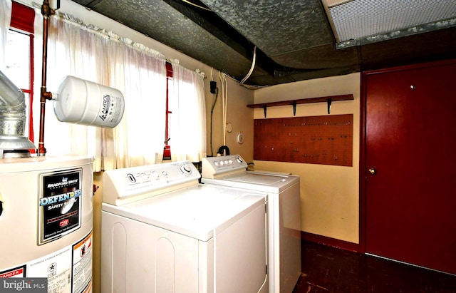 washroom with water heater, laundry area, and baseboards