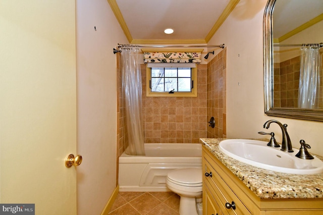 full bathroom with toilet, tile patterned floors, vanity, and crown molding