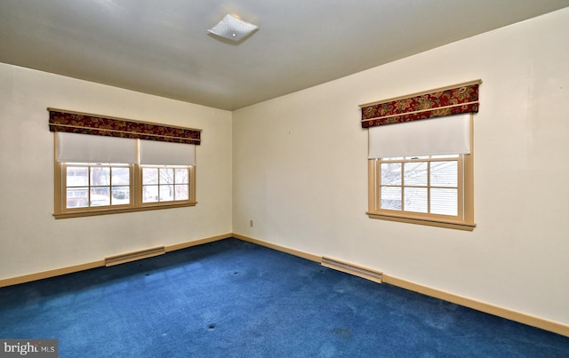 empty room with baseboards, visible vents, and carpet flooring