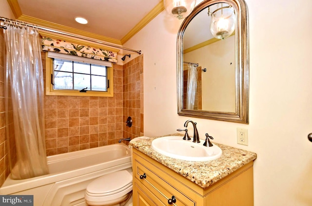 bathroom with toilet, crown molding, shower / bathtub combination with curtain, and vanity