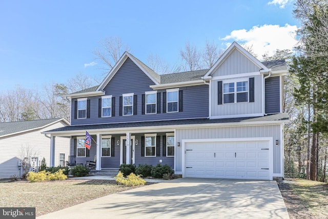 view of front of home featuring a porch, an attached garage, a shingled roof, driveway, and board and batten siding