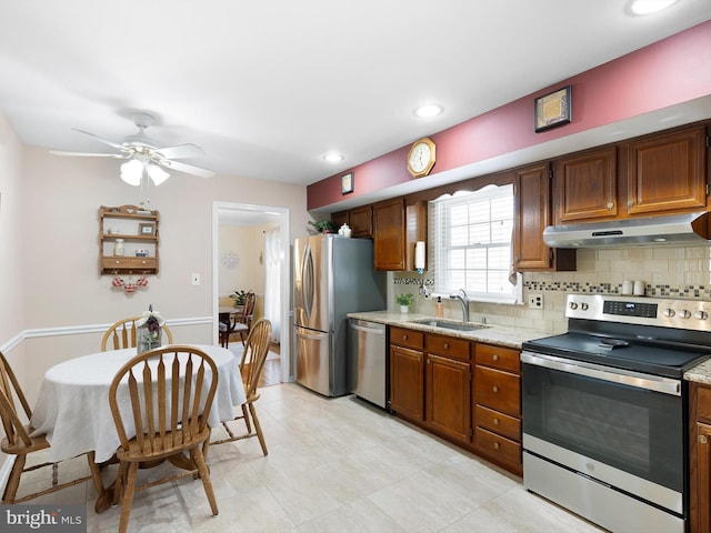 kitchen with decorative backsplash, appliances with stainless steel finishes, under cabinet range hood, a sink, and recessed lighting