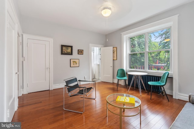 living area with radiator heating unit, baseboards, and wood finished floors