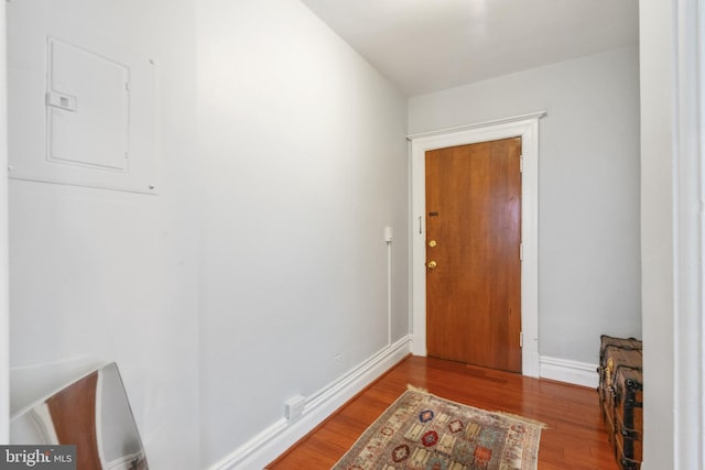 interior space with electric panel, baseboards, and wood finished floors