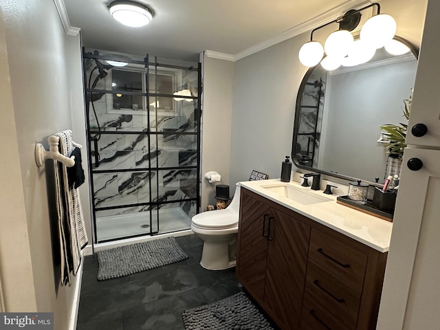 full bath featuring vanity, toilet, a stall shower, and ornamental molding