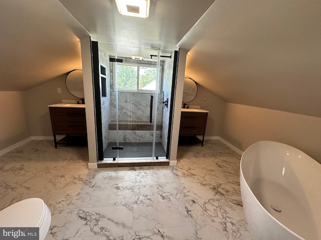 full bath with vanity, baseboards, marble finish floor, and a stall shower