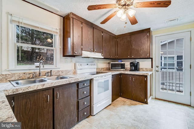 kitchen featuring a sink, dark brown cabinets, light countertops, stainless steel microwave, and white electric range oven