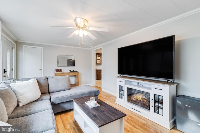 living room featuring ceiling fan, baseboards, light wood finished floors, a glass covered fireplace, and crown molding