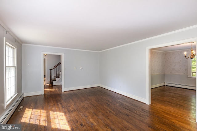 13086 Langley Rd, Bryantown, MD 20617 - empty room featuring an inviting chandelier, stairs, a baseboard heating unit, and dark wood-style floors