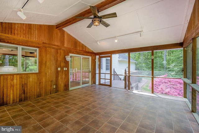13086 Langley Rd, Bryantown, MD 20617 - unfurnished sunroom featuring wooden walls, vaulted ceiling with beams, rail lighting, and ceiling fan