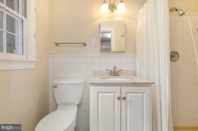 13086 Langley Rd, Bryantown, MD 20617 - bathroom featuring curtained shower, toilet, and tile walls