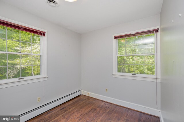 13086 Langley Rd, Bryantown, MD 20617 - unfurnished room with visible vents, baseboards, wood finished floors, and baseboard heating
