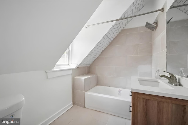 bathroom with a shower, a washtub, vaulted ceiling, vanity, and tile walls