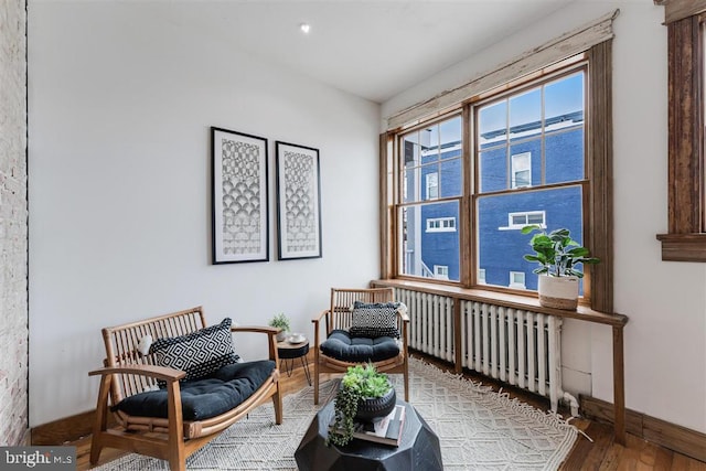 living area featuring radiator heating unit, wood finished floors, and baseboards