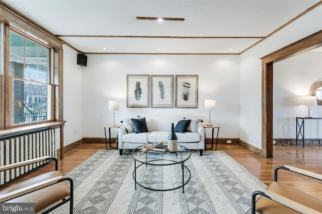 living area with crown molding, baseboards, and wood finished floors