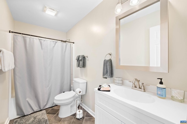 full bath with a shower with shower curtain, vanity, toilet, and tile patterned floors