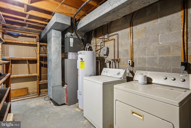 washroom featuring water heater, laundry area, washing machine and clothes dryer, and heating unit