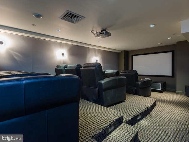 carpeted home theater with recessed lighting and baseboards