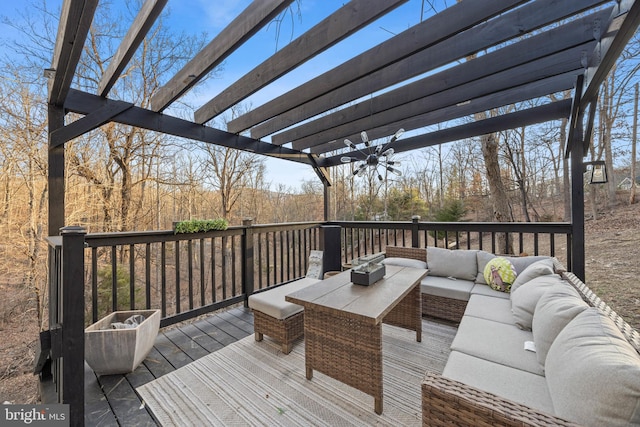 deck with an outdoor living space and a pergola