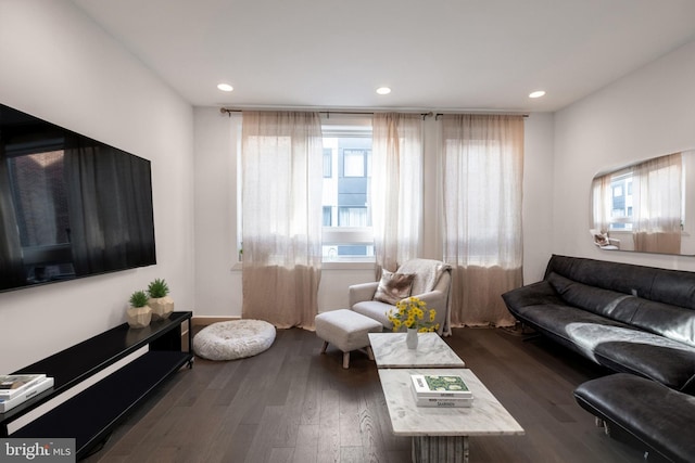 living room with dark wood-type flooring and recessed lighting