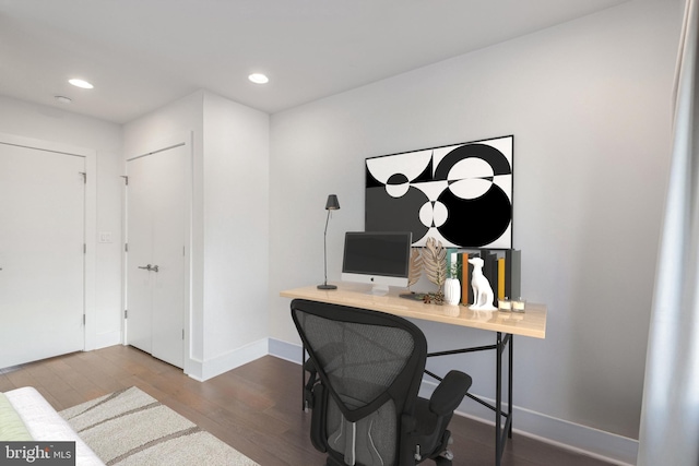 home office with recessed lighting, baseboards, and wood finished floors