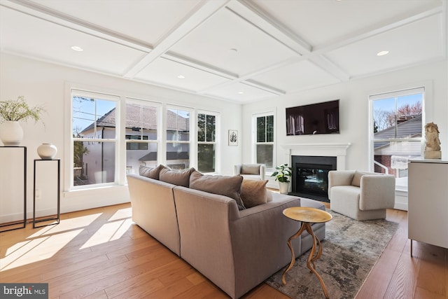 living area featuring a glass covered fireplace, light wood-style flooring, a healthy amount of sunlight, and coffered ceiling