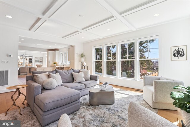 living room featuring wood finished floors, visible vents, and coffered ceiling