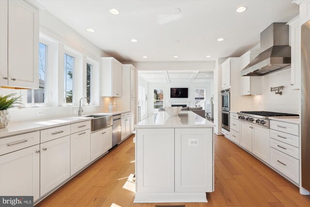 kitchen featuring a sink, wall chimney range hood, a kitchen island, stainless steel appliances, and light wood finished floors