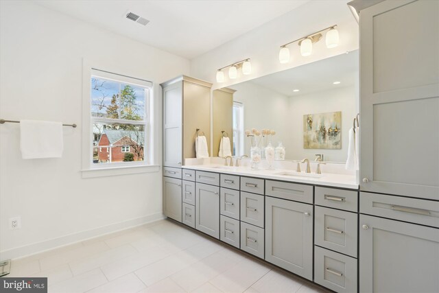 bathroom featuring visible vents, a sink, baseboards, and double vanity