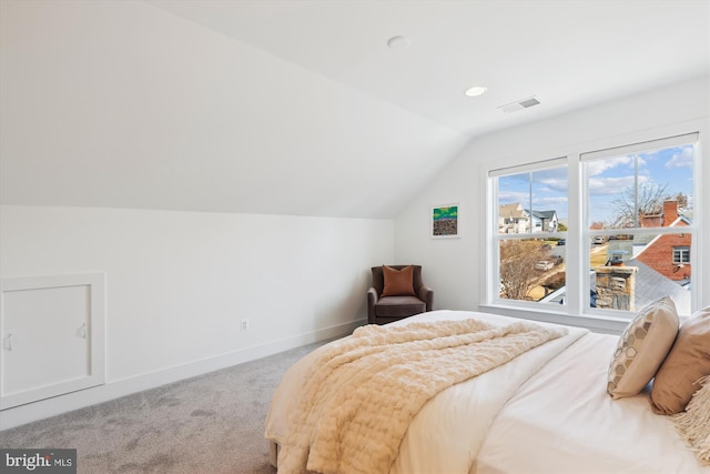 carpeted bedroom with visible vents, baseboards, and lofted ceiling