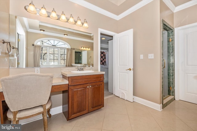 bathroom with baseboards, tile patterned floors, vanity, and crown molding