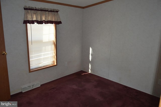 spare room featuring carpet floors, visible vents, and crown molding