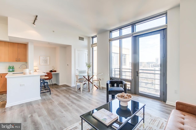 living area with a wall of windows, baseboards, visible vents, and light wood finished floors