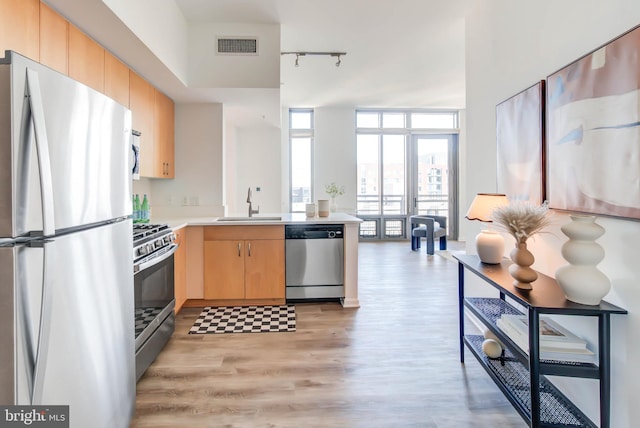 kitchen featuring a peninsula, expansive windows, stainless steel appliances, light countertops, and a sink