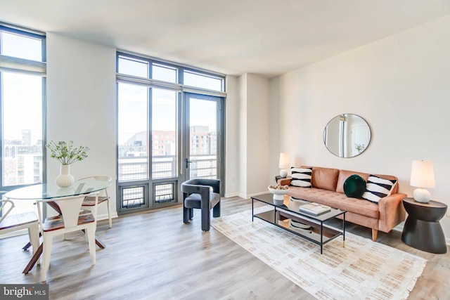 living room featuring light wood-style flooring, floor to ceiling windows, and baseboards