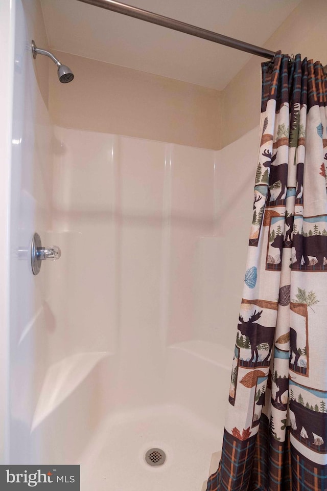 bathroom with a shower with shower curtain