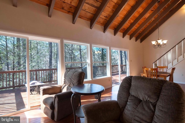 living area featuring a chandelier, wooden ceiling, wood finished floors, high vaulted ceiling, and beam ceiling