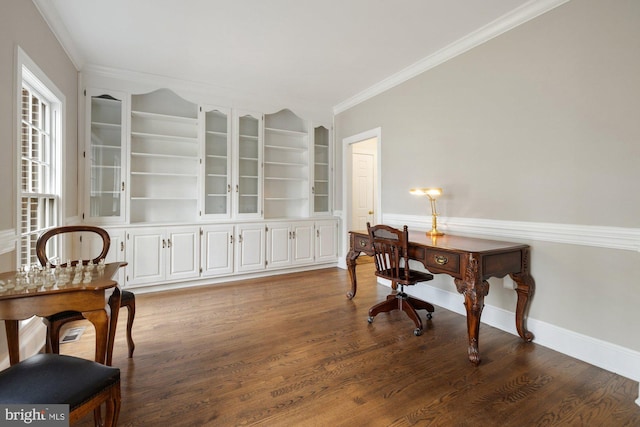 office with built in features, baseboards, ornamental molding, and wood finished floors