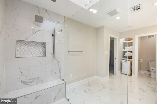 full bathroom with toilet, marble finish floor, visible vents, and recessed lighting