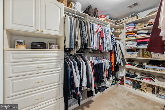 spacious closet with carpet floors and visible vents